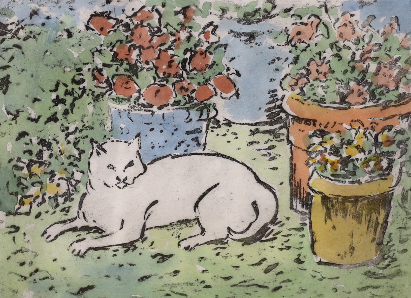 Michael John Blaker (1928-2018), two oils on board and a colour etching, Figures fishing, landscape and White Cat and Flowers, each signed, one framed, largest 51 x 61cm